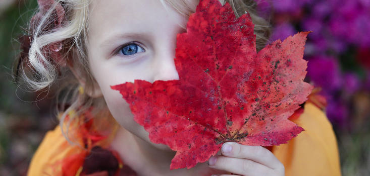 Niña con hoja roja de otoño