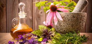 Plantas e infusiones en un mortero